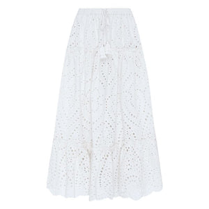 Boho Chic Eyelet Skirt High Elastic Waistband Ruffle Flowy Midi Skirts