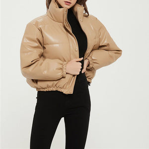 Water Repellent Faux Leather Cotton Padded Waxed Puffer Jacket