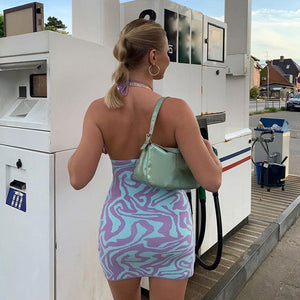 Water Marble Swirl Knit Halter High Neck Short Dress Open Back