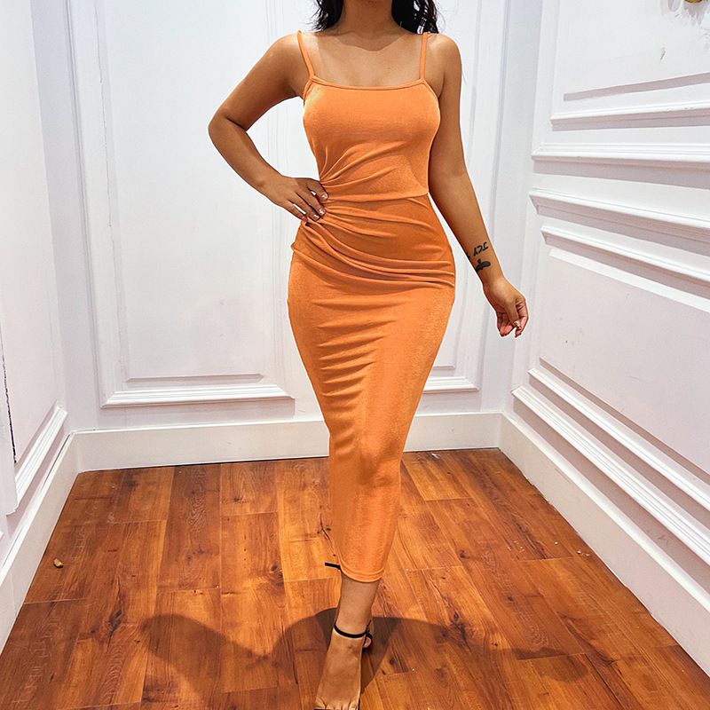 Slink Side Pleated Spaghetti Strap Scoop Neck Midi Bodycon Dress