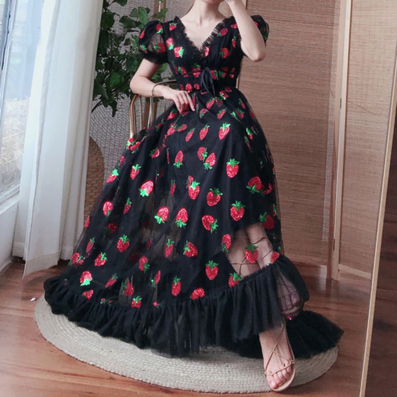 Sparkly Sequin Strawberry Midi Dress Ruffle Mesh Tulle Ball Gown sunifty Sparkly Sequin Strawberry Midi Dress Ruffle Mesh Tulle Ball Gown sunifty