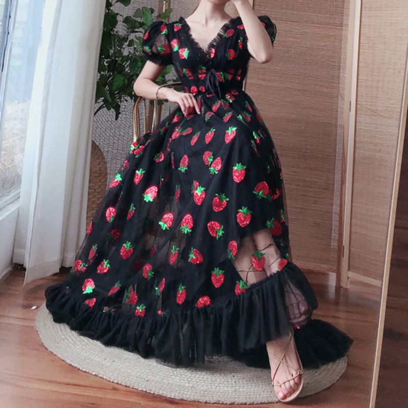 Sparkly Sequin Strawberry Midi Dress Ruffle Mesh Tulle Ball Gown