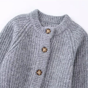 Grey Ribbed Knit Cardigan Round Neck Button Sweater Knitwear