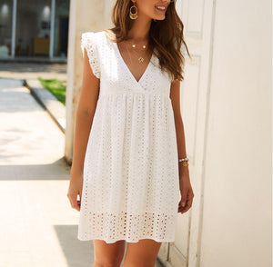 Casual Cotton Ruffle Strap Smocked Eyelet Mini Dress