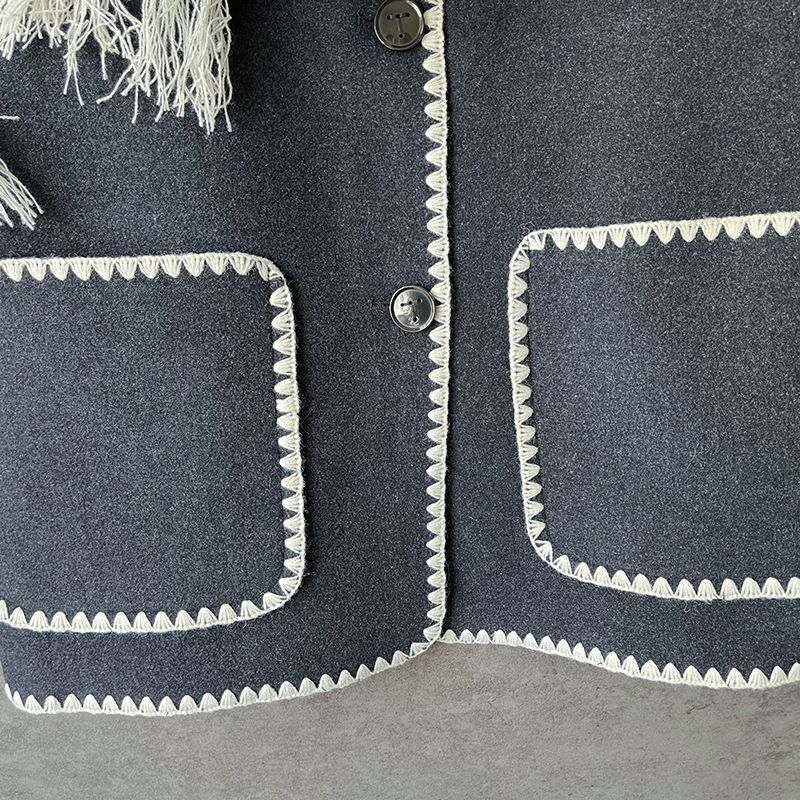 Embroie Draped Fringed Tassel Wool Blend Scarf Jacket Outerwear