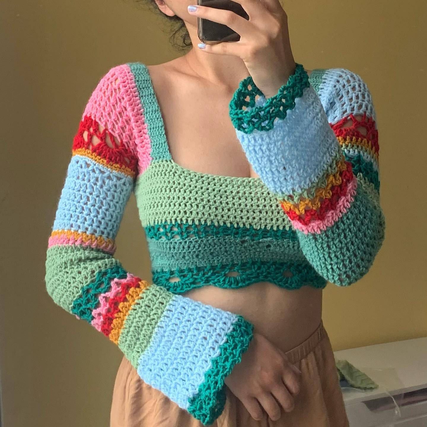 Rainbow Color Block Crochet Knitted Crop Long Sleeve Hollow Out Knit Blouse