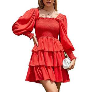 Square Neck Shirring Tiered Frill Layered Mini Dress Puff Sleeves