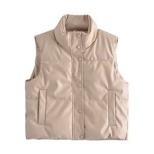Waterproof Patent Faux Leather Quilted Vest Gilet High Collar Bodywarmer