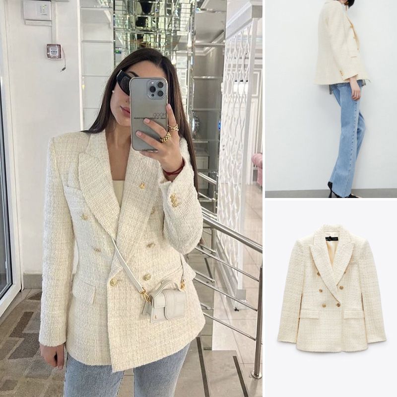 Classic Double Breasted Tweed Blazer Jacket Winter Office Coats For Women