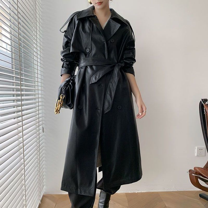 Double Breasted Full Length Black Patent Faux Leather Trench Coat