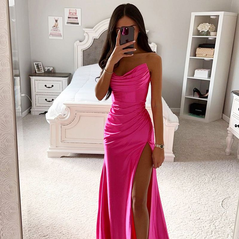Fabulous Ruched Satin Silky Homecoming Prom Dress With Slit sunifty Fabulous Ruched Satin Silky Homecoming Prom Dress With Slit sunifty