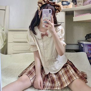 Kawaii Peter Pan Collar Eyelet Short Sleeve Lolita Blouse Shirt