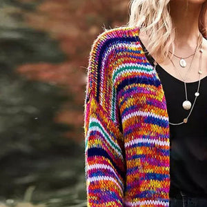 Slouchy Rainbow Stripe Cotton Knit Cardigan Sweater Tops