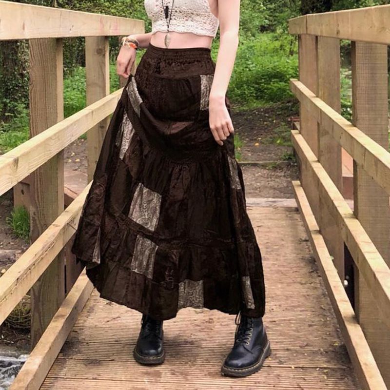 Retro Patchwork Grunge Steampunk Emo Flare Midi Skirt