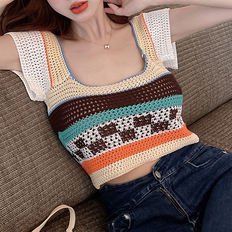 Rainbow Color Block Crochet Knitted Crop Long Sleeve Hollow Out Knit Blouse