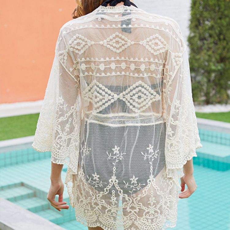 Crochet Embroidery Batwing White Lace Mesh Bathing Suit Swim Cover Up Beach Dress