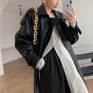 Double Breasted Full Length Black Patent Faux Leather Trench Coat