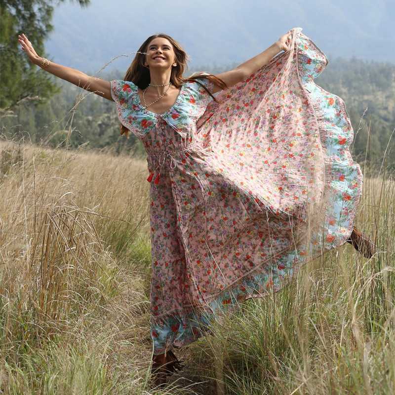 Bohemian Hippie Floral Flounce Off The Shoulder Maxi Dress
