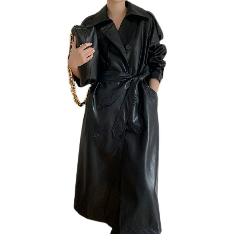 Double Breasted Full Length Black Patent Faux Leather Trench Coat