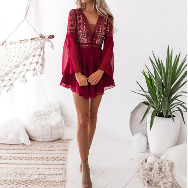 Bohemian Mesh Hollow Out Front Lace Up Bodycon Dress