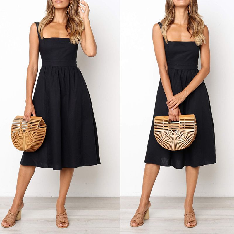 Slim Fit Wide Strap Square Neck Ruched Waist Midi Dress – sunifty
