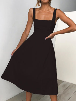 Slim Fit Wide Strap Square Neck Ruched Waist Midi Dress