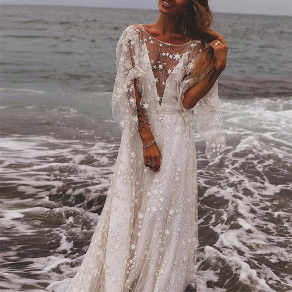 Shiny Star Embellished Mesh Overlay Maxi Dress Formal Gowns