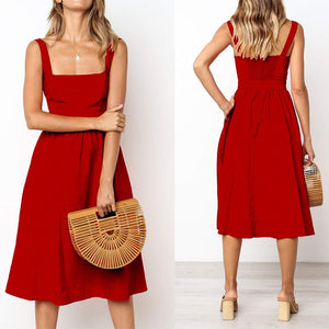 Slim Fit Wide Strap Square Neck Ruched Waist Midi Dress