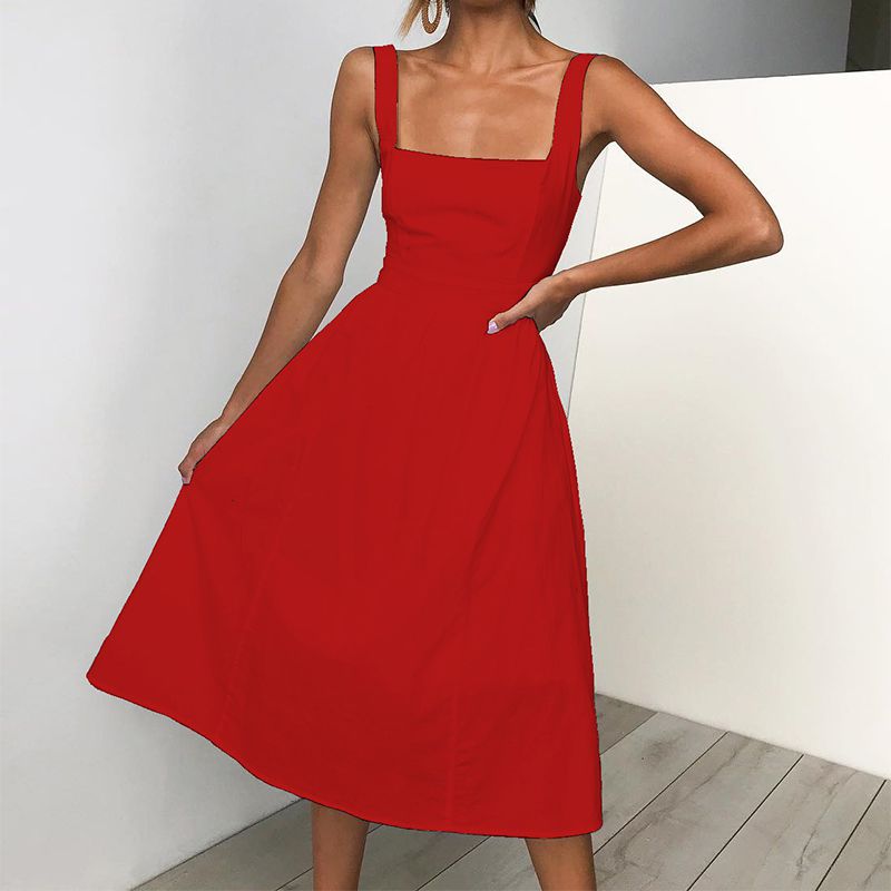 Slim Fit Wide Strap Square Neck Ruched Waist Midi Dress – sunifty