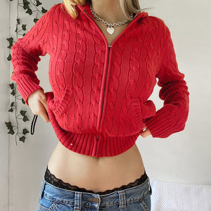 Oversized Fit Ribbed Braids Cable Knit Zip Up Hoodie Sweater Cardigans