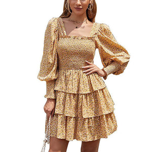 Square Neck Shirring Tiered Frill Layered Mini Dress Puff Sleeves
