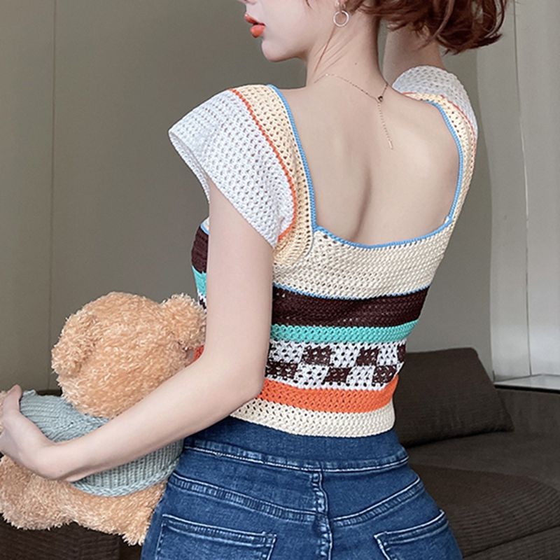 Rainbow Color Block Crochet Knitted Crop Long Sleeve Hollow Out Knit Blouse