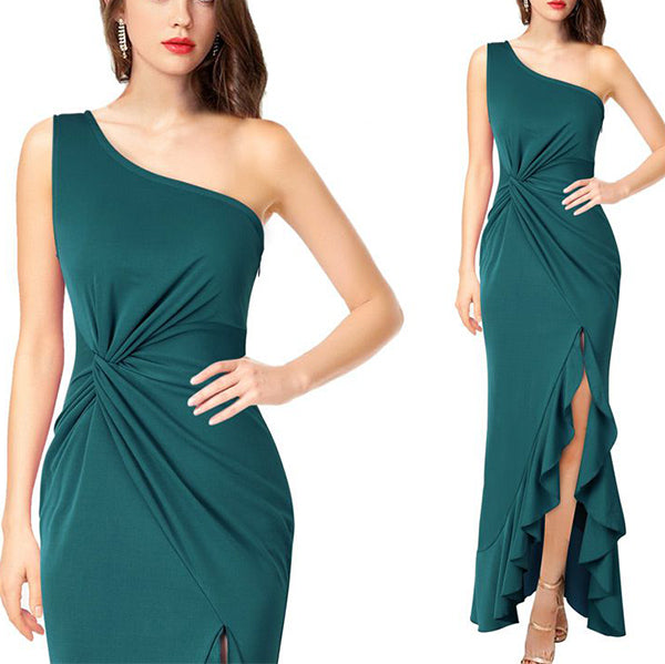 Twist Front One Shoulder Ruffle Maxi Dress With Slit