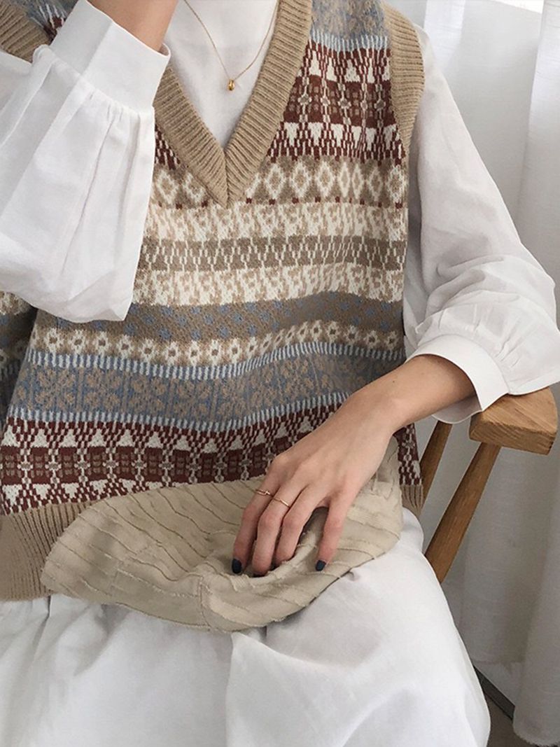 European Retro Aztec Pattern Knitted Vest Sleeveless Sweater