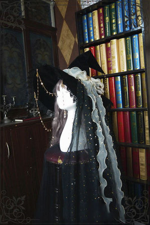 Starry Retro Halloween Witch Hats Masquerade Ribbon Bow Gothic Lolita Wizard Hat