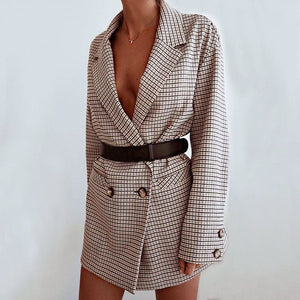 Double Breasted Khaki Lapel Collar Checkered Blazer Suit Womens
