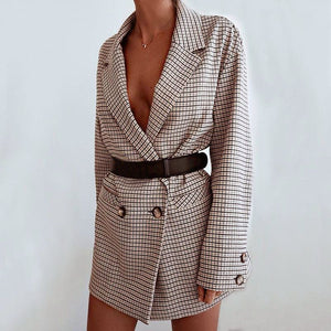 Double Breasted Khaki Lapel Collar Checkered Blazer Suit Womens