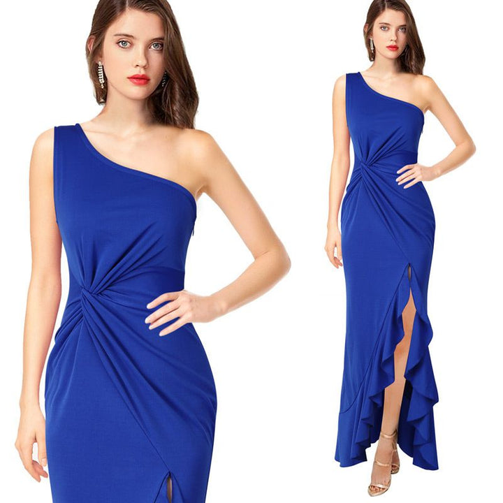 Twist Front One Shoulder Ruffle Maxi Dress With Slit