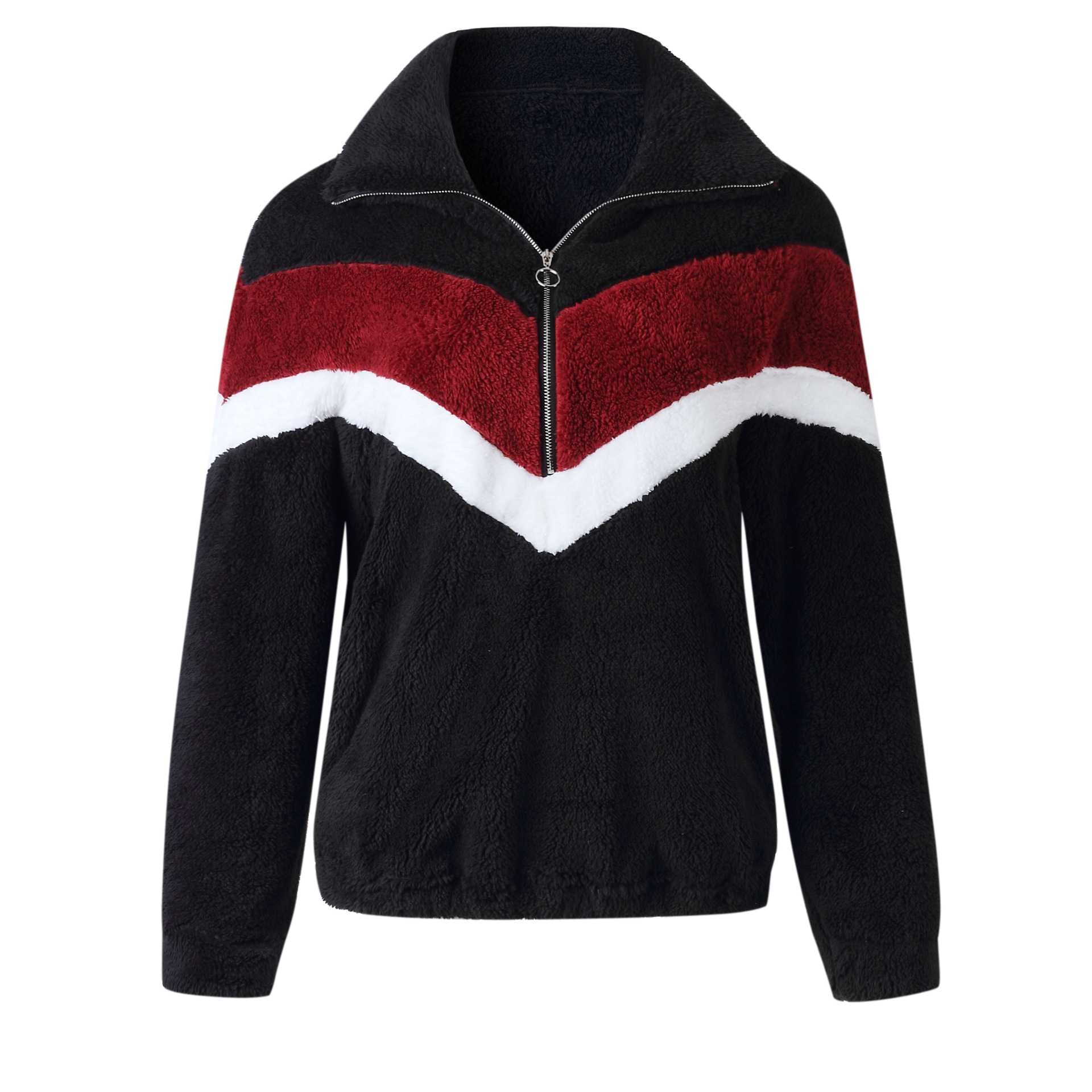 Cozy Colorblock Chevron Half Zip Faux Fur Sweatshirt Sherpa Pullover Jacket