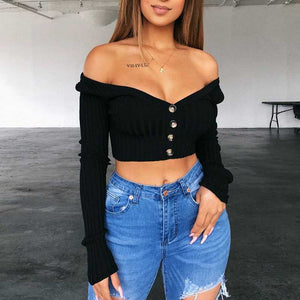 Casual Ribbed Off The Soulder Cropped Button Up Knit Tops For Ladies