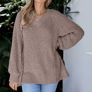 Comfy Oversized V Neck Popcorn Sweater Pullover – sunifty