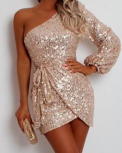 Sparkly Wrap Tie Waist One Shoulder Sequin Dress Short