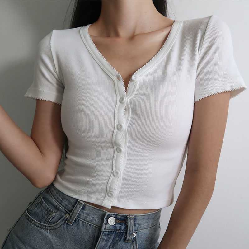 Rib Lace Trimmed V Neck Button Down Crop Top Tee Shirt