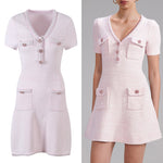 Sequin Crystal Embellished Short Sleeve Knit Mini Dress With Jewel Buttons