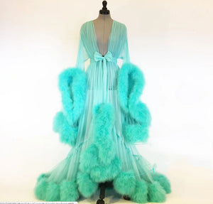 Seductive Faux Fur Pom Pom Sheer Mesh Nightgown Pajama Robe