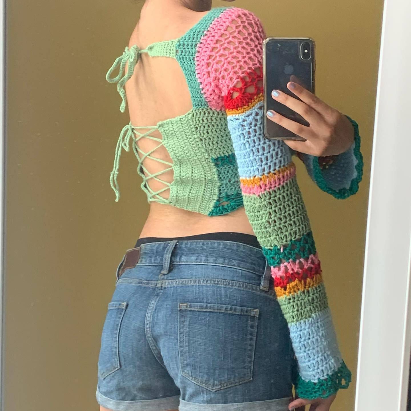 Rainbow Color Block Crochet Knitted Crop Long Sleeve Hollow Out Knit Blouse