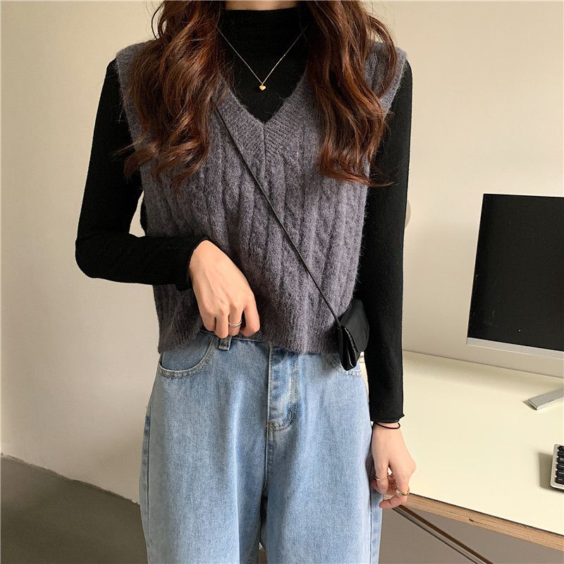 Oversized Cable Knit V Neck Knitted Tank Top Sweater
