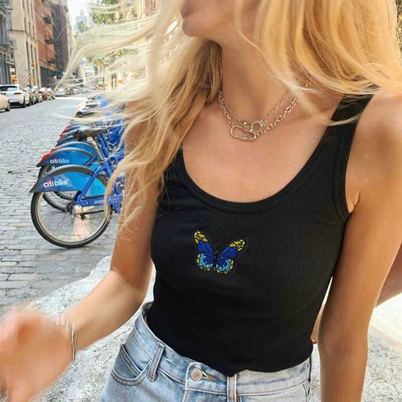 Colorful Butterfly Embroidered Ribbed Cotton Tank Top Crop Top