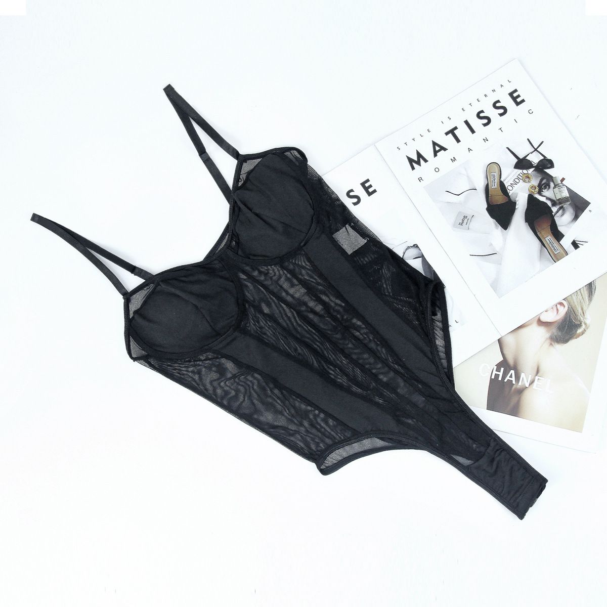 Sexy Striped Seethrough Mesh Lace Underwired Sleeveless Bodysuit