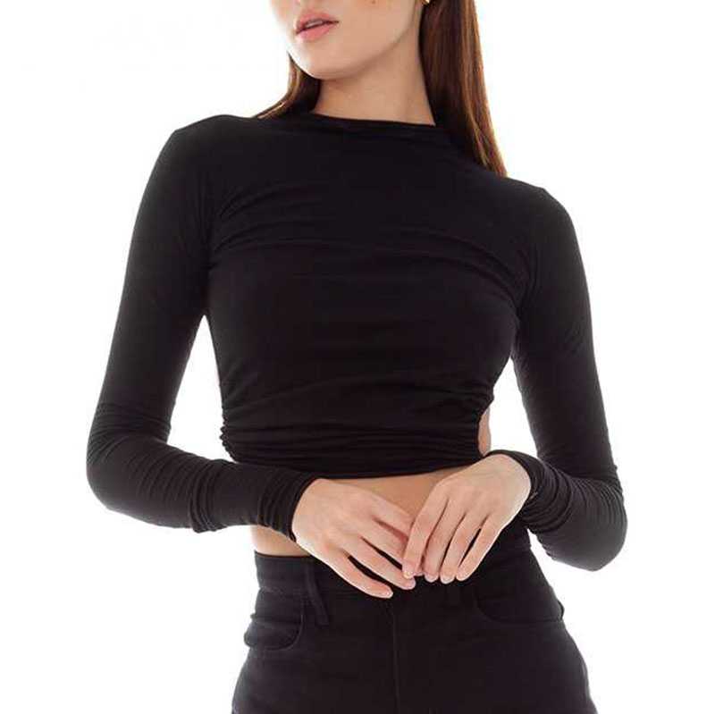 Chic Open Back T Shirt Long SLeeve Ruched Top Backless